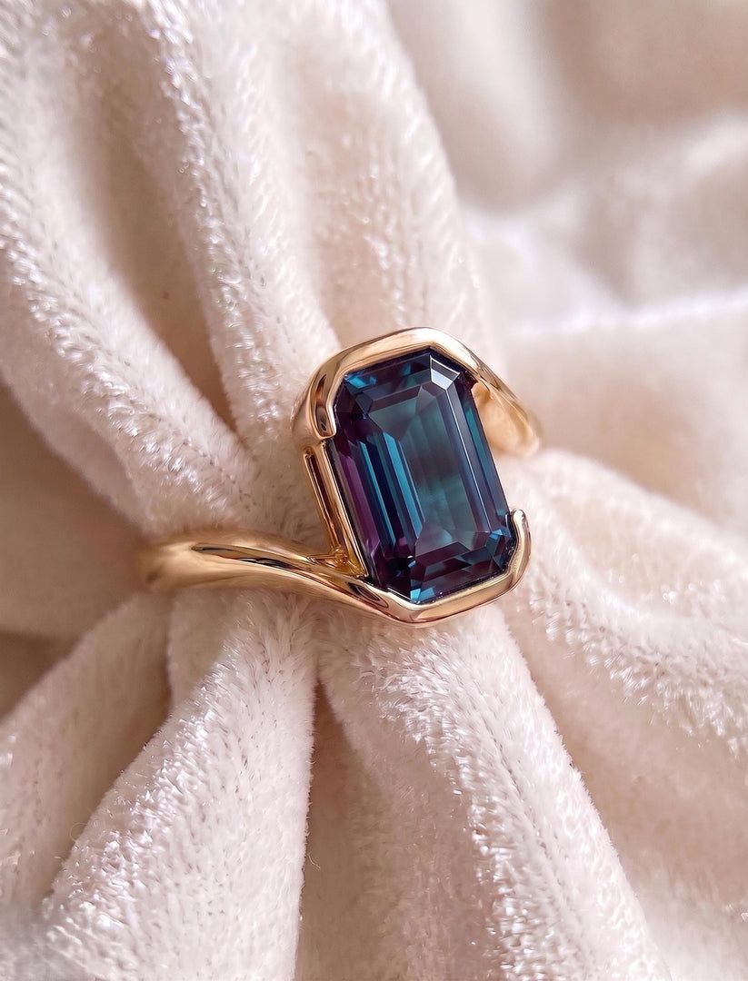 Alexandrite Emerald Cut Engagement Fantasy Ring, 14k Gold June Birthstone Promise Ring, Birthday Gift For Her