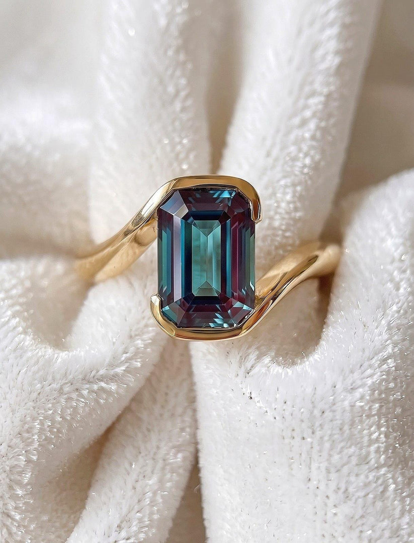 Alexandrite Emerald Cut Engagement Fantasy Ring, 14k Gold June Birthstone Promise Ring, Birthday Gift For Her