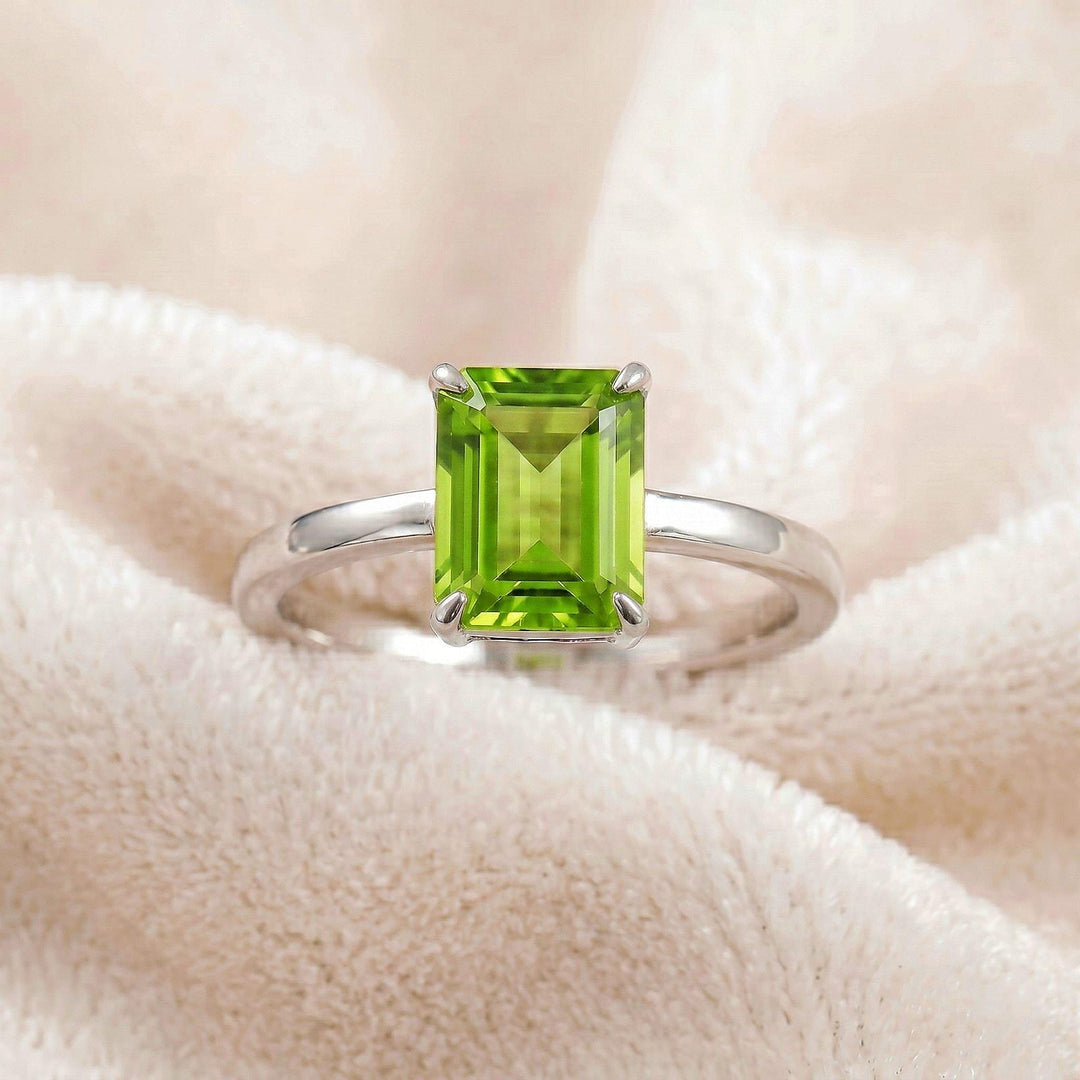 Green Peridot Emerald Cut Engagement Ring, Green Gemstone Ring, Sterling Silver 14k Gold  Wedding Ring, August Birthstone, Gift For Her