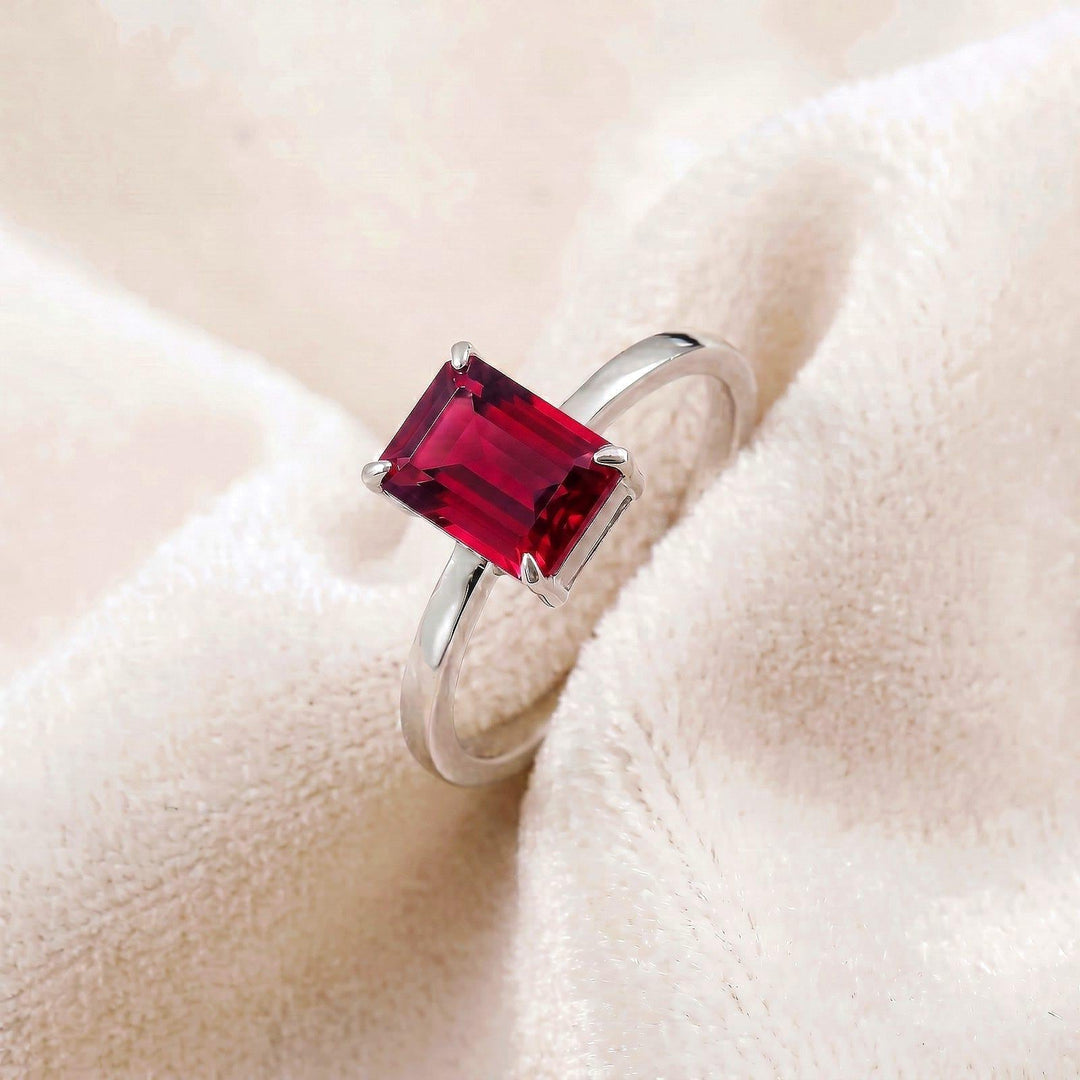 Ruby Emerald Cut Engagement Ring, Red Gemstone Solitaire, Promise Ring, Art Deco, 14K Gold Statement Ring, July Birthstone, Gift For Mother