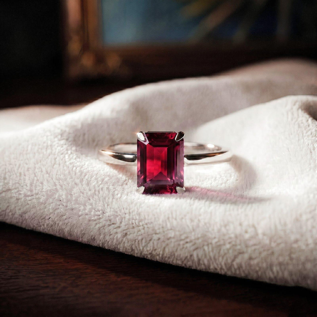 Ruby Emerald Cut Engagement Ring, Red Gemstone Solitaire, Promise Ring, Art Deco, 14K Gold Statement Ring, July Birthstone, Gift For Mother
