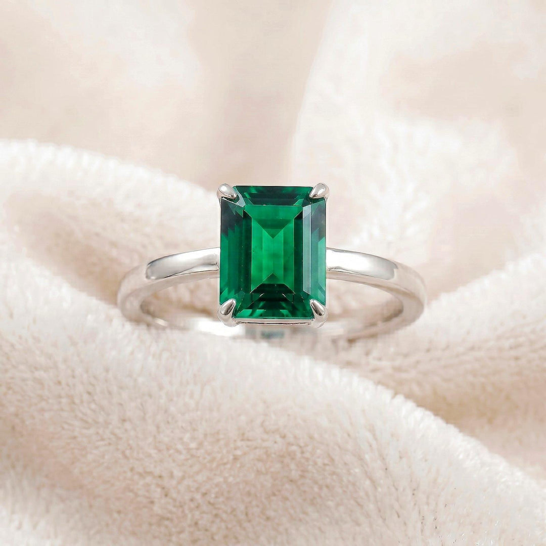 Solitaire Emerald Engagement Ring, Retro Minimalist Style, Anniversary Promise Ring, 4 Prongs, Wedding Ring, 14K Gold Plain Band Ring Women
