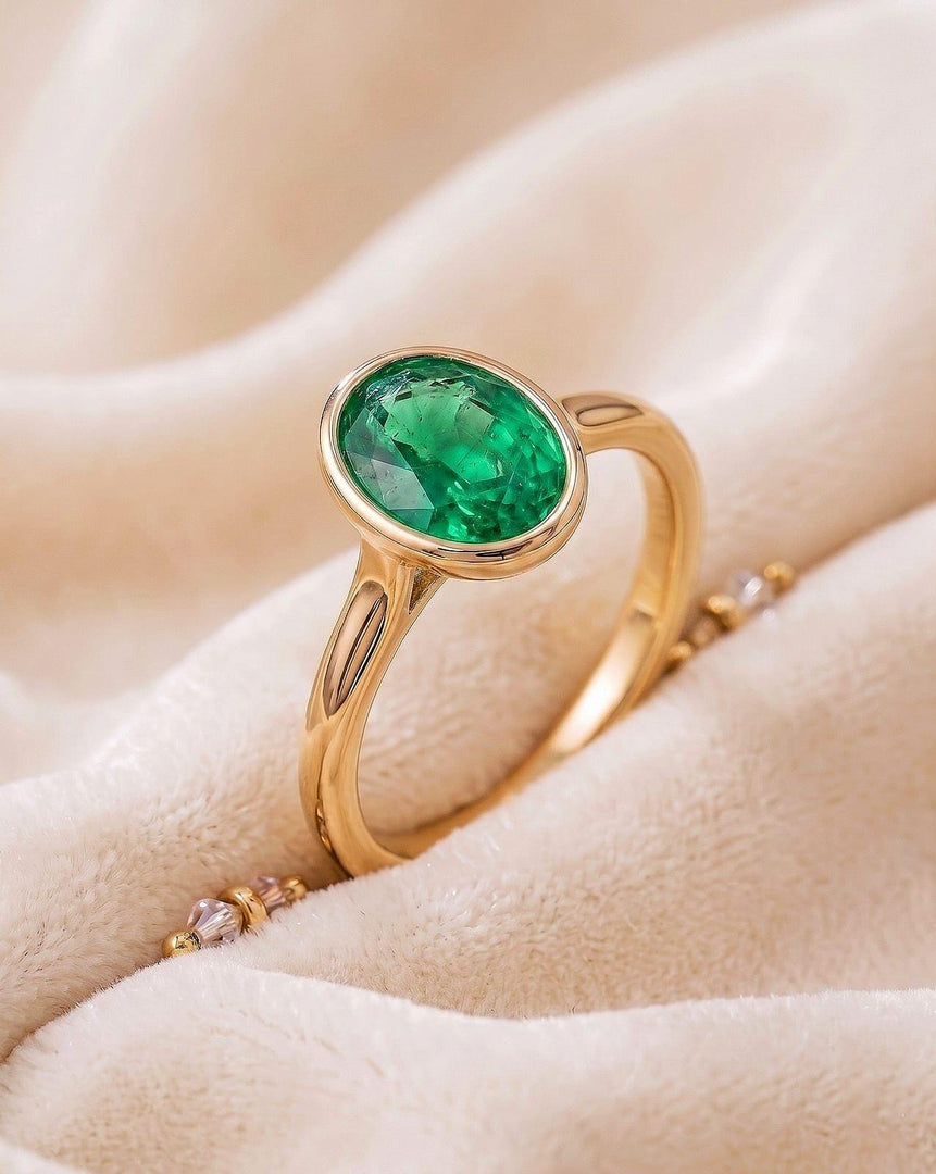 Oval Emerald Bezel Ring | 14K Gold Minimalist Engagement Ring | May Birthstone Anniversary Gift for Her | Dainty Stacking Ring