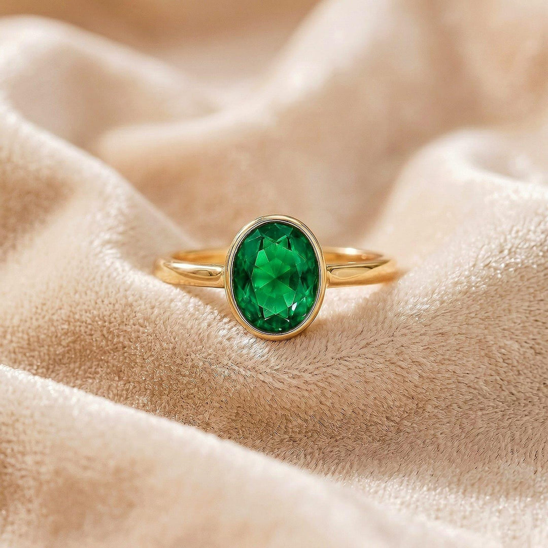 Oval Emerald Bezel Ring | 14K Gold Minimalist Engagement Ring | May Birthstone Anniversary Gift for Her | Dainty Stacking Ring