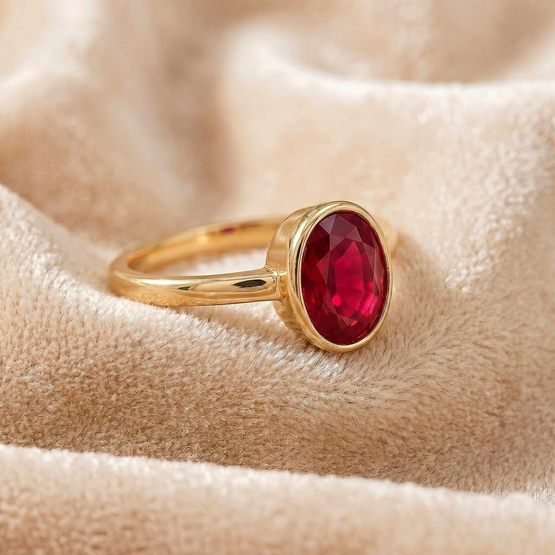 Oval Ruby Bezel Ring | 14K Gold Minimalist Engagement Ring | Solitaire Red Gemstone Statement Ring | Handmade Fine Jewelry Gift for Her