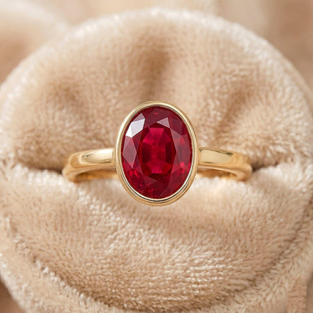 Oval Ruby Bezel Ring | 14K Gold Minimalist Engagement Ring | Solitaire Red Gemstone Statement Ring | Handmade Fine Jewelry Gift for Her
