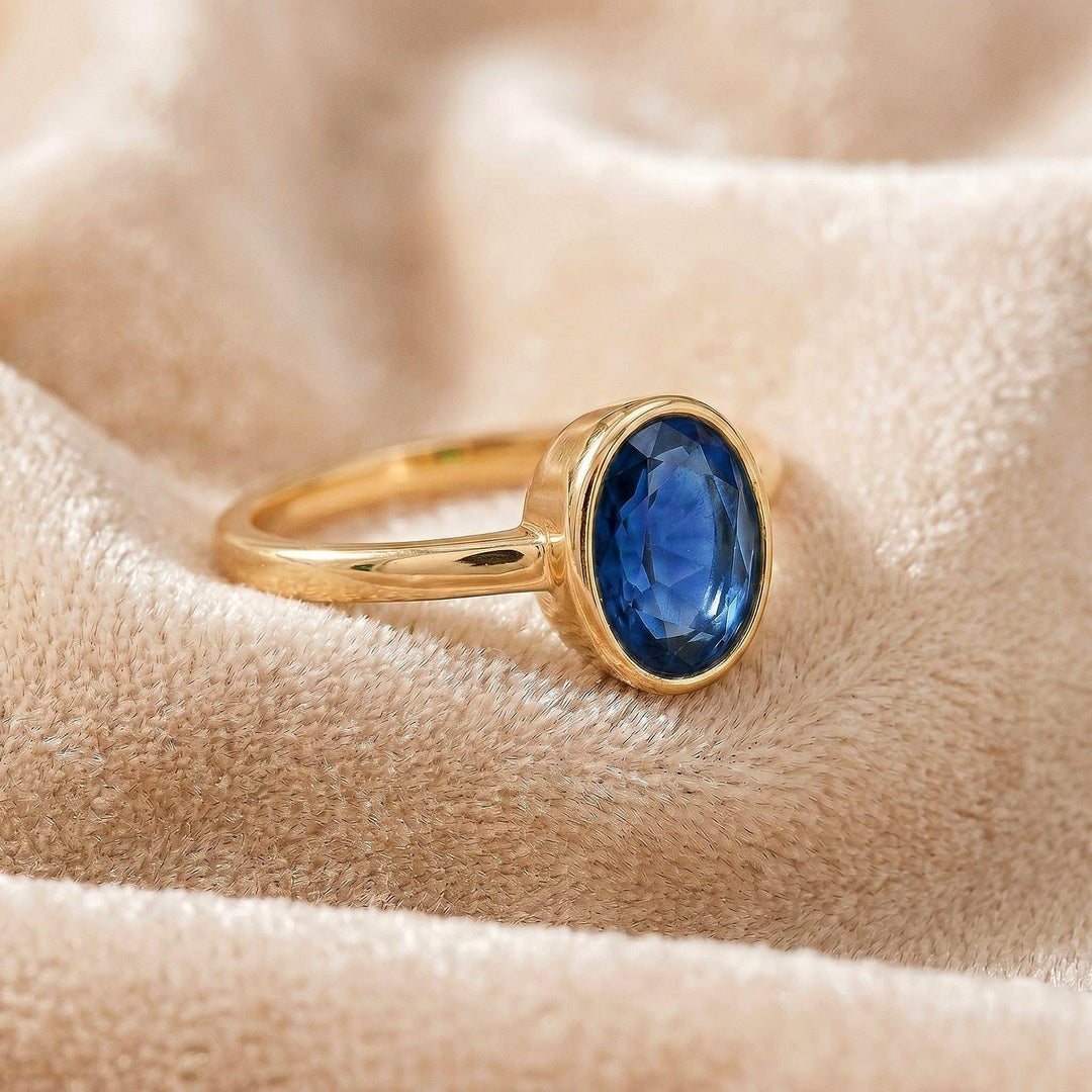 Blue Sapphire Bezel Ring | 14K Gold Minimalist Engagement Ring | Delicate Stacking Ring | Anniversary Jewelry for Women, Gift for Her