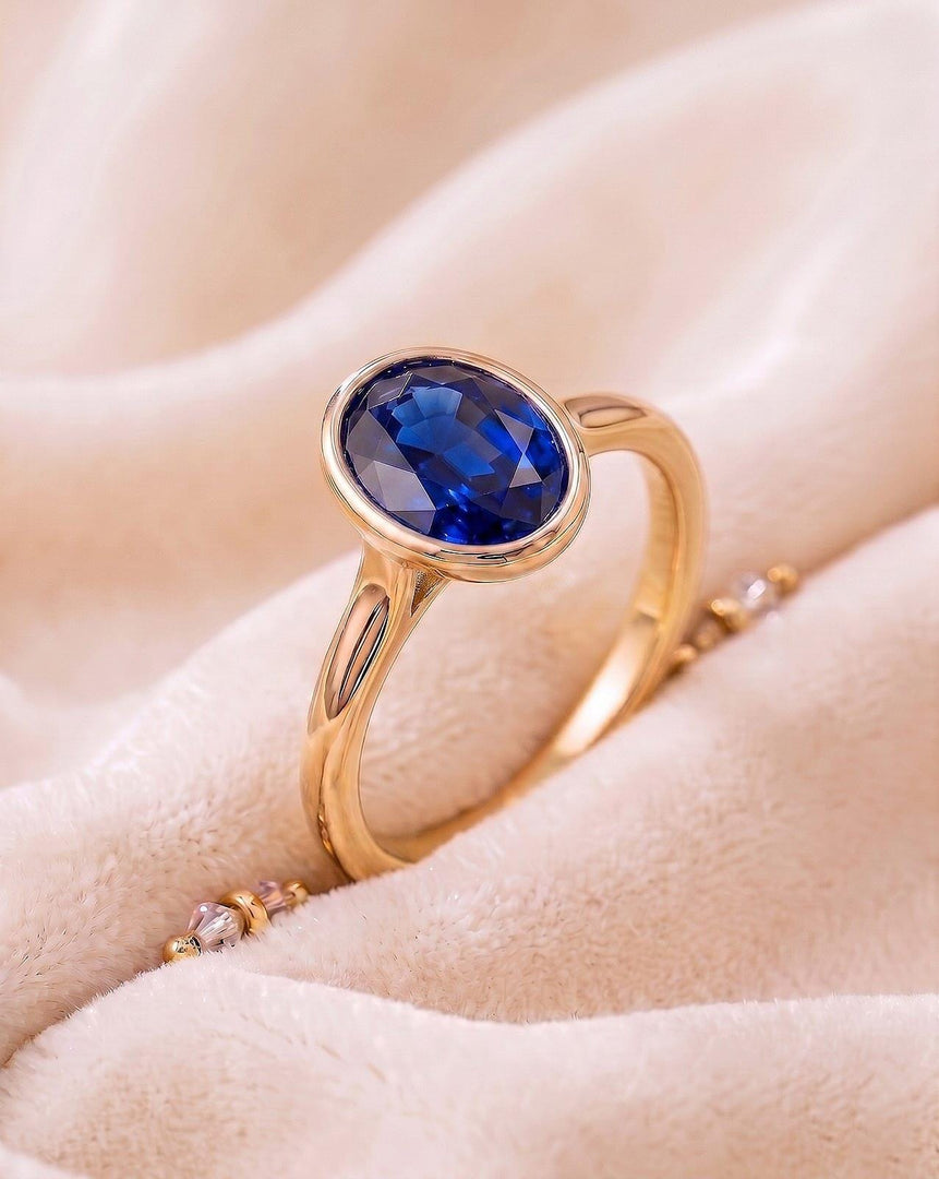Blue Sapphire Bezel Ring | 14K Gold Minimalist Engagement Ring | Delicate Stacking Ring | Anniversary Jewelry for Women, Gift for Her