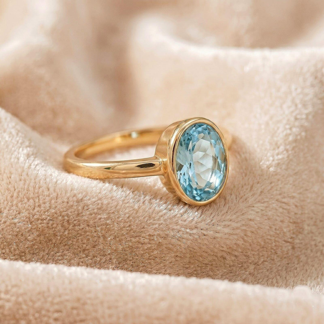 Oval Aquamarine Engagement Ring, Bezel Cut Ring, 14K Gold Solitaire Ring, Minimalist Ring, Statement Ring, March Birthstone Gift for Her
