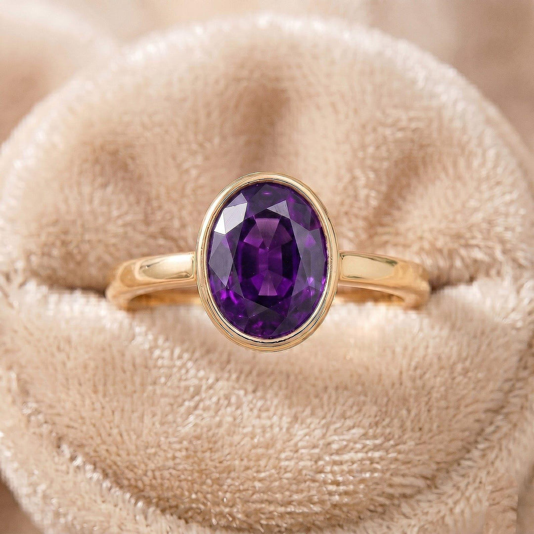 Oval Amethyst Bezel Cut Ring, 14K Gold Engagement Ring Thick Wide Band Ring Elongated February Birthstone, Solitaire Ring Anniversary Ring