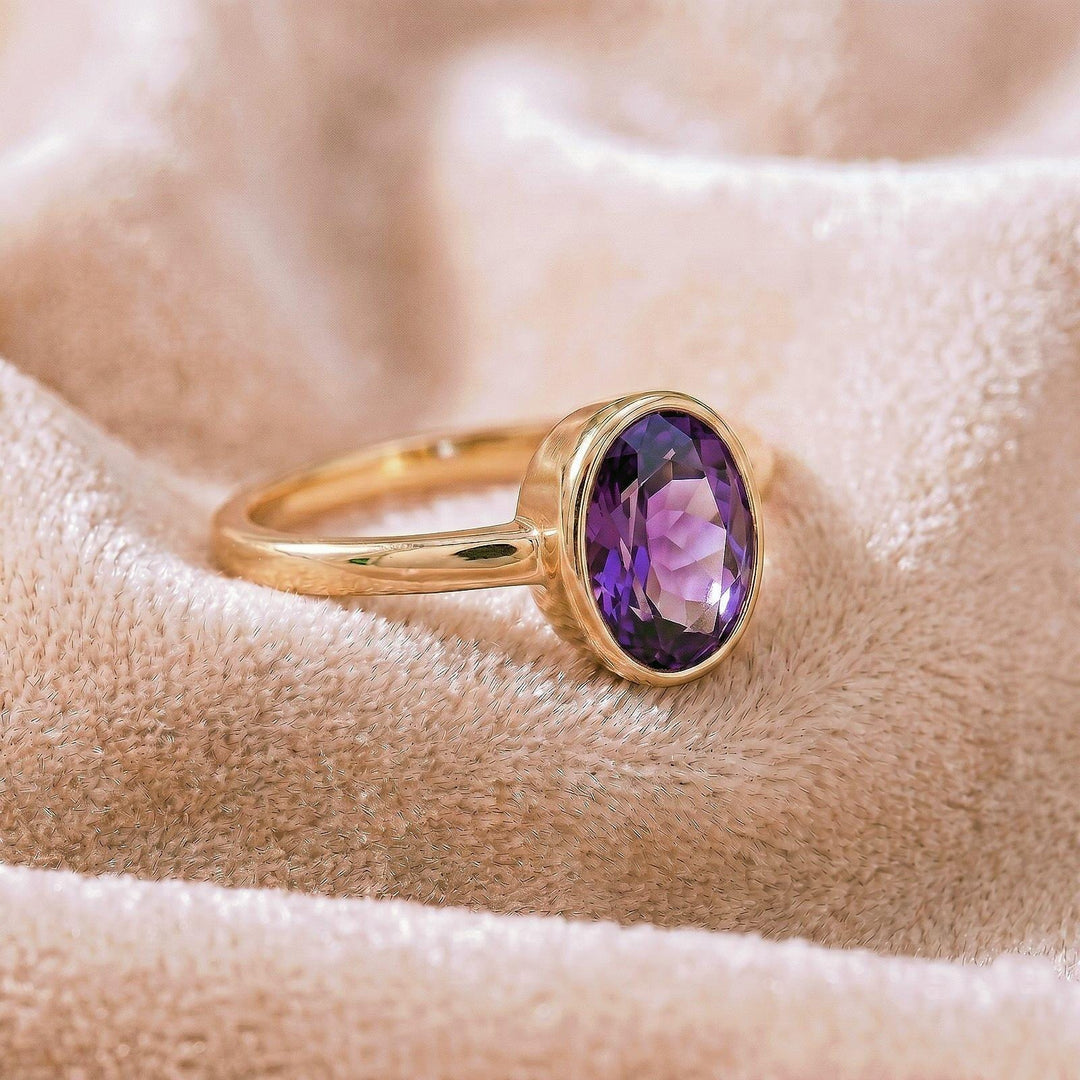 Oval Amethyst Bezel Cut Ring, 14K Gold Engagement Ring Thick Wide Band Ring Elongated February Birthstone, Solitaire Ring Anniversary Ring
