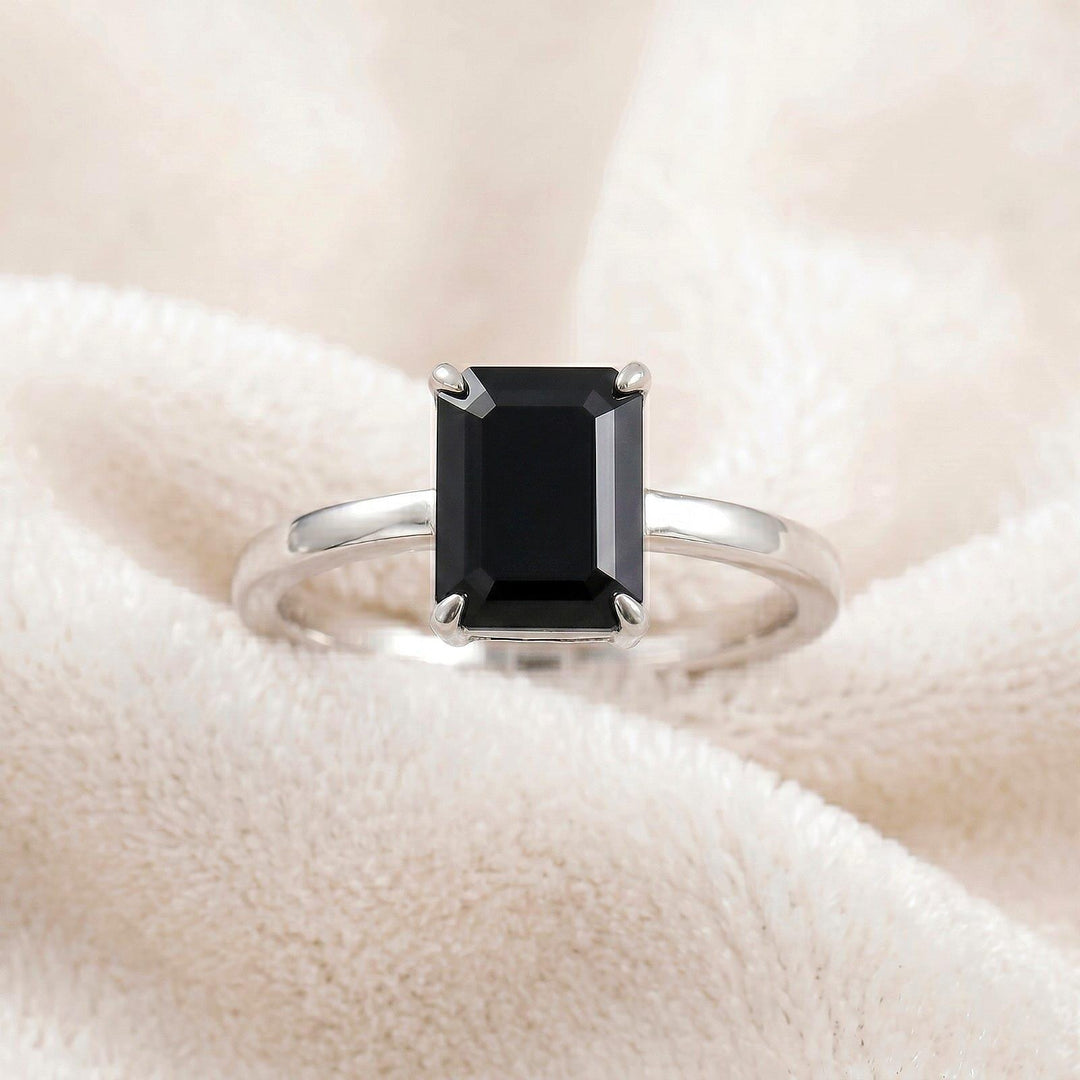 Black Onyx Emerald Cut Engagement Ring, 14k Gold, 925 Solid Silver Ring, Prong Setting Ring, Birthstone, Promise Ring, Mom Daughter Gift