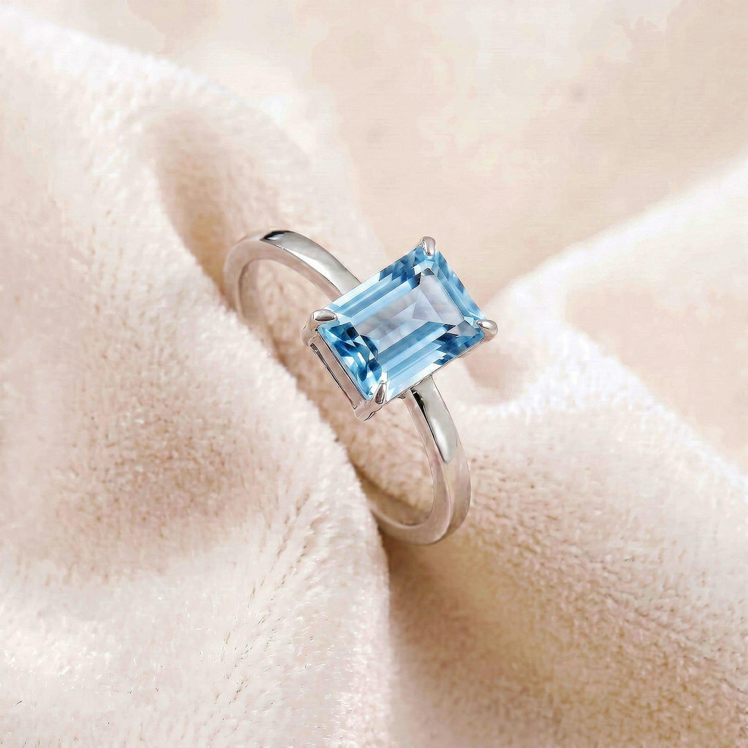 Aquamarine Emerald Cut Engagement Ring, Solitaire Promise Ring, 925 Solid Silver Ring, Prong Setting Ring, March Birthstone Ring, Women Gift