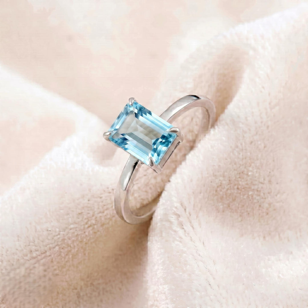 Aquamarine Emerald Cut Engagement Ring, Solitaire Promise Ring, 925 Solid Silver Ring, Prong Setting Ring, March Birthstone Ring, Women Gift