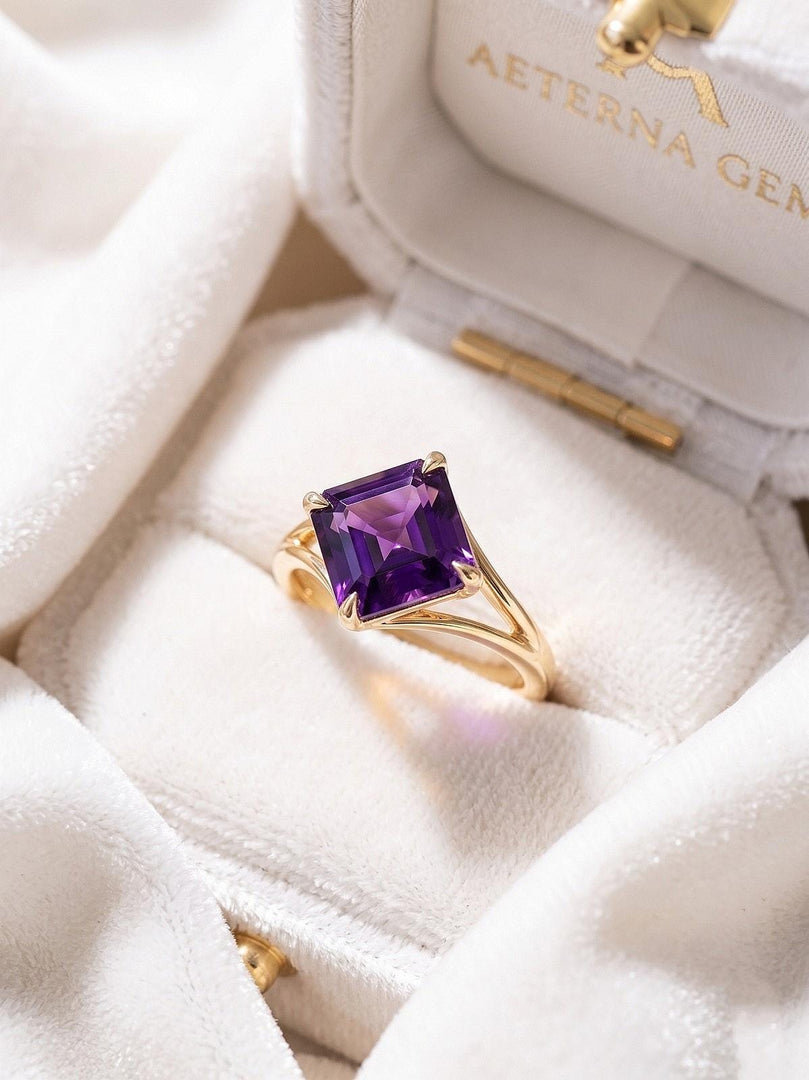 Purple Amethyst Engagement Ring, Asscher Cut, Four Prong Ring, 14k Gold, Vermeil Amethyst Solitaire Ring, 925 Sterling Silver, Women Gift