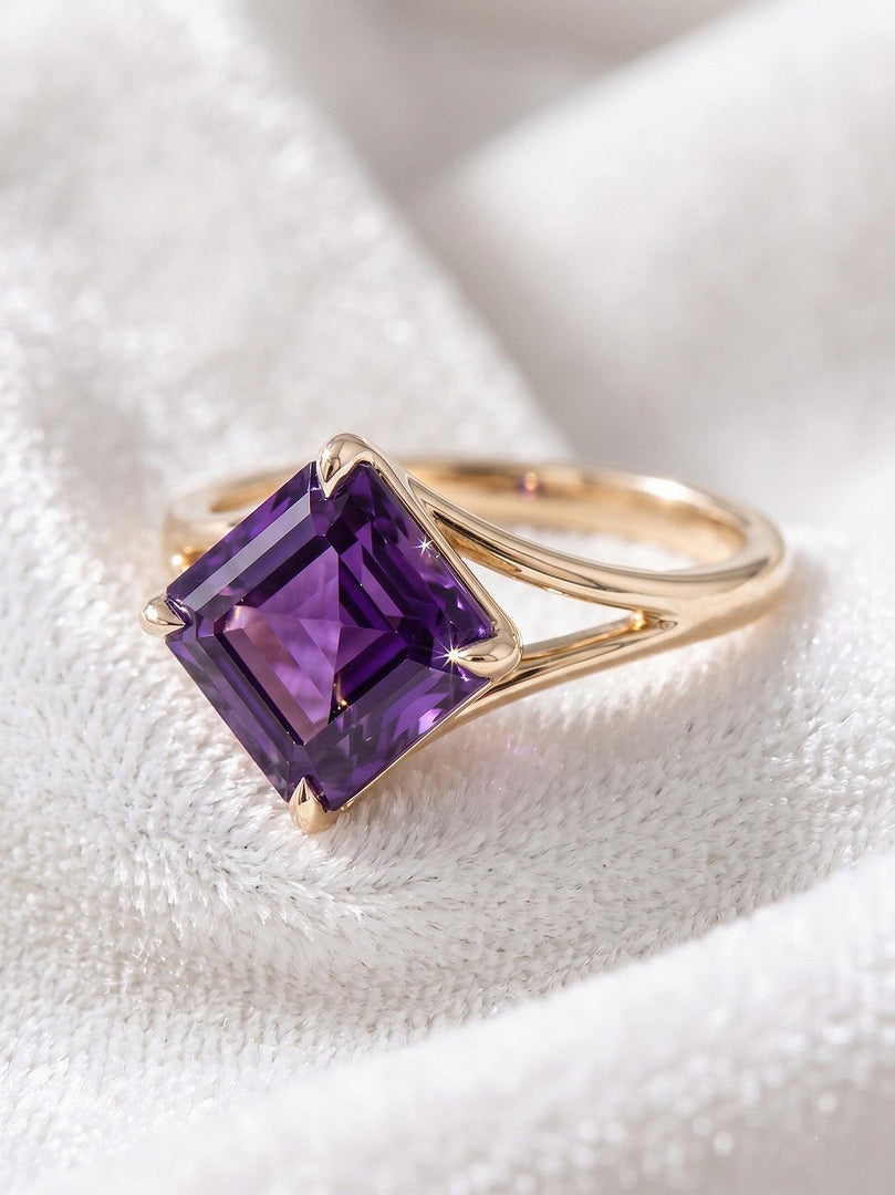 Purple Amethyst Engagement Ring, Asscher Cut, Four Prong Ring, 14k Gold, Vermeil Amethyst Solitaire Ring, 925 Sterling Silver, Women Gift