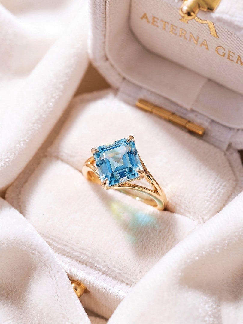 Aquamarine Asscher Cut Engagement Ring, Bezel Set Blue Solitaire Ring, Minimalist Gold Ring, Vintage Style Promise Ring, Bridal Jewelry Gift