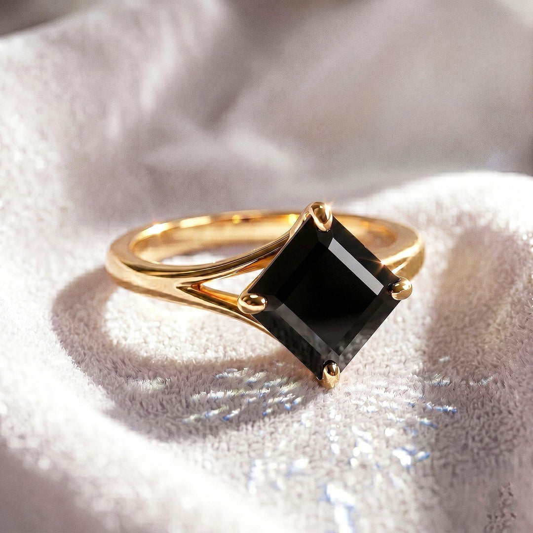 Black Onyx Asscher Cut Engagement Ring, Bezel Set Black Solitaire Ring Minimalist Gold Ring, Vintage Style Promise Ring, Bridal Jewelry Gift