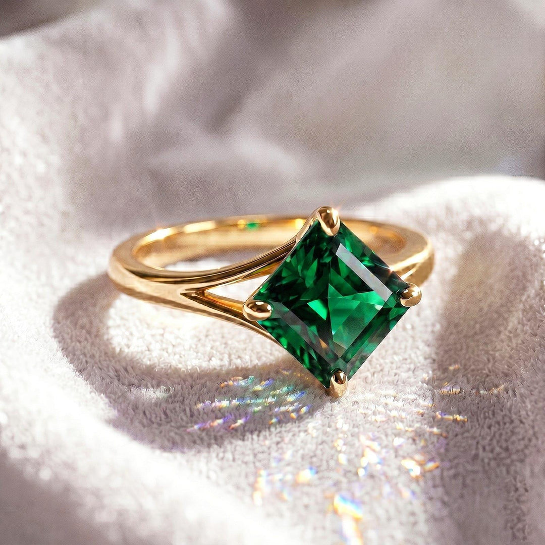 Lab Emerald Asscher Cut Engagement Ring, Bezel Set Green Solitaire Ring Minimalist Gold Ring, Vintage Style Promise Ring Bridal Jewelry Gift