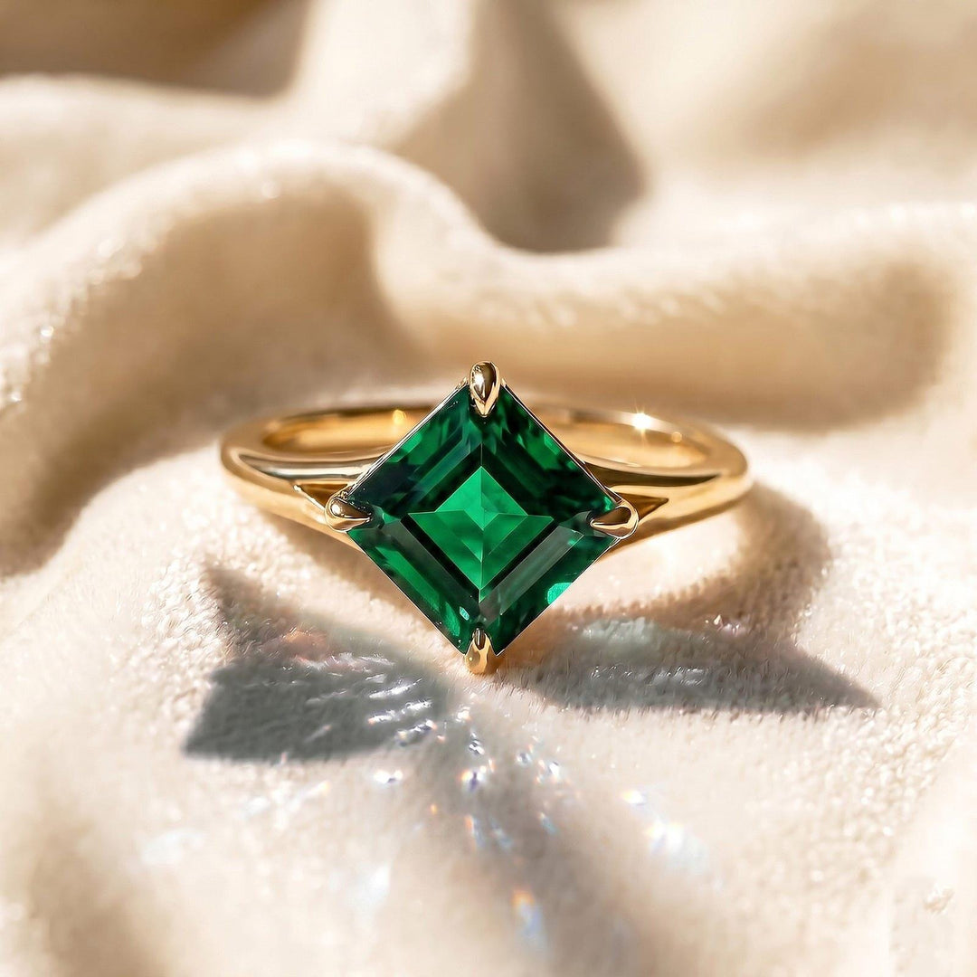 Lab Emerald Asscher Cut Engagement Ring, Bezel Set Green Solitaire Ring Minimalist Gold Ring, Vintage Style Promise Ring Bridal Jewelry Gift