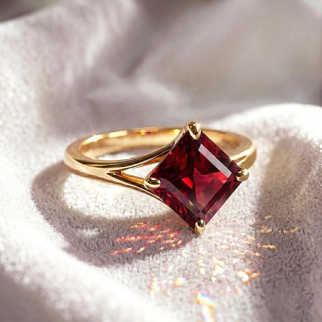 Lab Ruby Asscher Cut Engagement Ring, Bezel Set Red Solitaire Ring, Minimalist Gold Ring, Vintage Style Promise Ring, Bridal Jewelry Gift