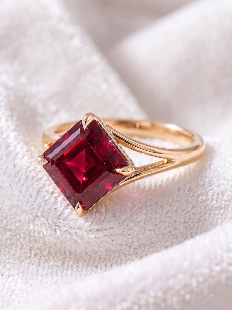Lab Ruby Asscher Cut Engagement Ring, Bezel Set Red Solitaire Ring, Minimalist Gold Ring, Vintage Style Promise Ring, Bridal Jewelry Gift