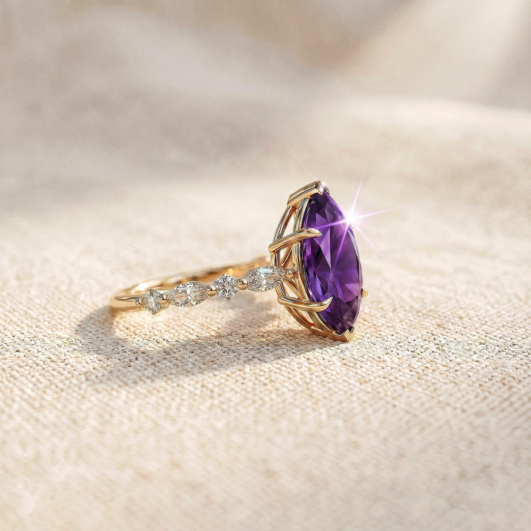 Dainty Marquise Cut Amethyst Engagement Ring 14k Yellow Gold Birth Ring Wedding Ring Personalized Amethyst Solitaire Promise Ring for Her