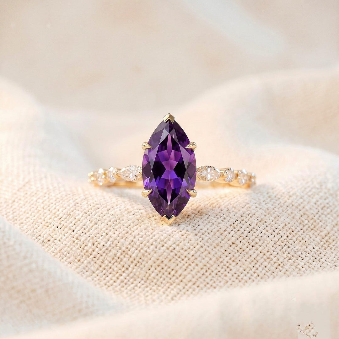 Dainty Marquise Cut Amethyst Engagement Ring 14k Yellow Gold Birth Ring Wedding Ring Personalized Amethyst Solitaire Promise Ring for Her