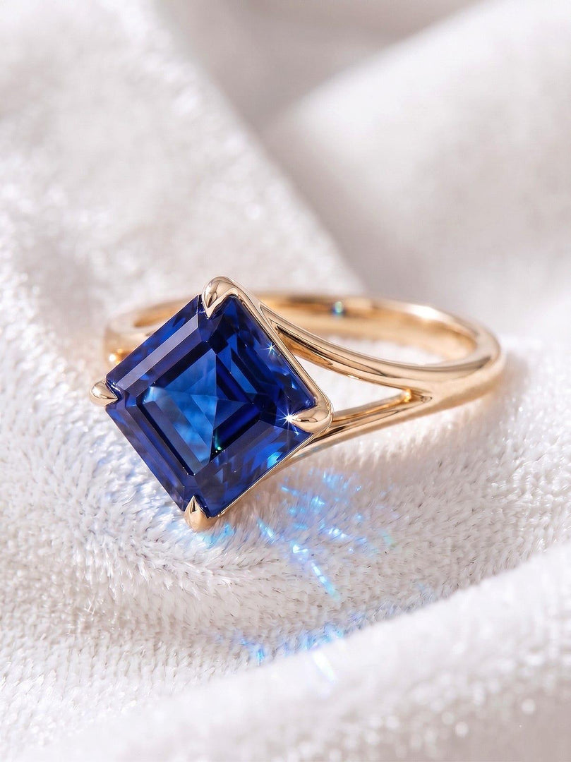 Blue Sapphire Asscher Cut Wedding Ring | Bezel Set Square Cut Ring | Solitaire Engagement Ring| 14k Solid Gold Promise Ring | Gift For Women