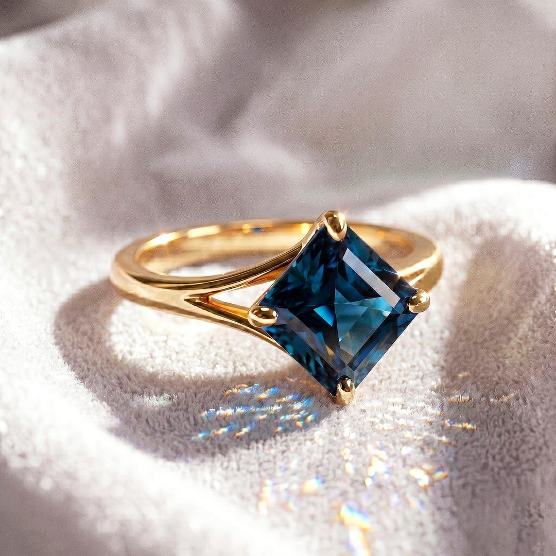 London Blue Topaz Ring, Asscher Cut Wedding Ring, Bezel Set Square Cut Ring, Solitaire Engagement Ring, 14k Solid Gold Promise Ring for Her