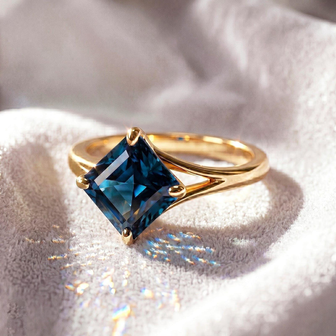 London Blue Topaz Ring, Asscher Cut Wedding Ring, Bezel Set Square Cut Ring, Solitaire Engagement Ring, 14k Solid Gold Promise Ring for Her
