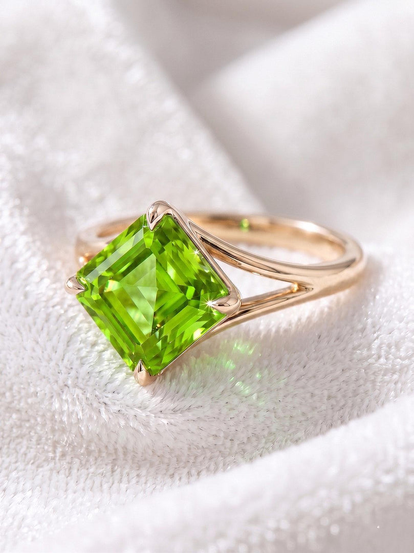 Green Amethyst Ring, Asscher Cut, 14K Gold Bezel, Lab Created Green Stone Solitaire, Minimalist Statement Jewelry, Unique Anniversary Gift