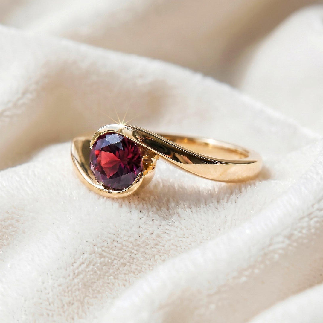 Lab Red Ruby Round Engagement Ring, Modern Semi Bezel Setting , 14K Solid Yellow Gold, Sterling Silver Ring, Elegant Ruby Gift for Women