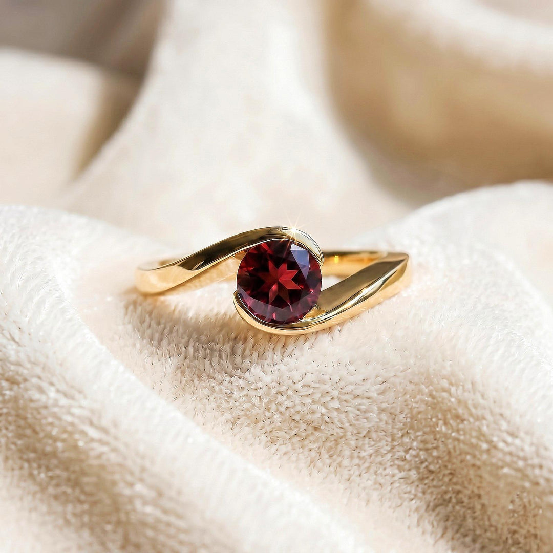 Lab Red Ruby Round Engagement Ring, Modern Semi Bezel Setting , 14K Solid Yellow Gold, Sterling Silver Ring, Elegant Ruby Gift for Women
