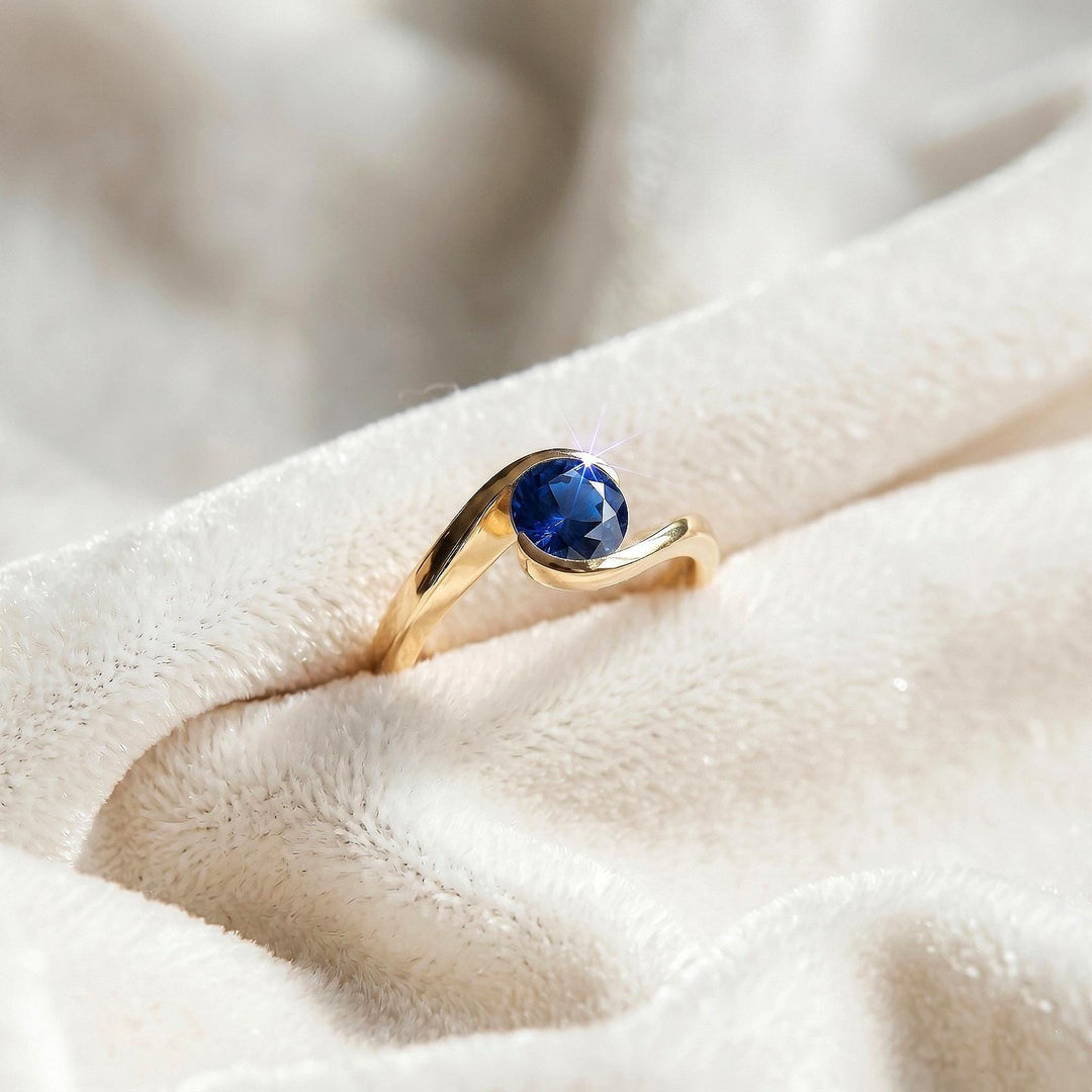 Blue Sapphire Round Engagement Ring, Modern Semi Bezel Setting , 14K Solid Yellow Gold, Sterling Silver Ring, Elegant Sapphire Ring For Gift