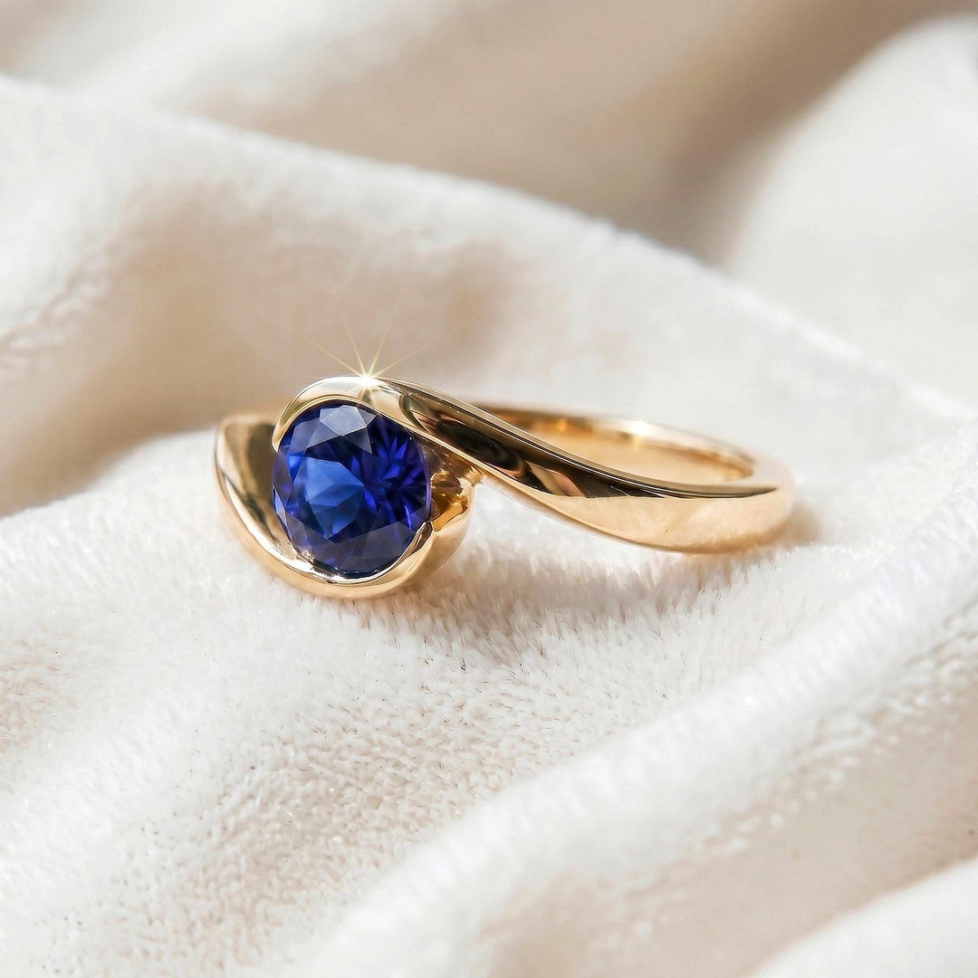 Blue Sapphire Round Engagement Ring, Modern Semi Bezel Setting , 14K Solid Yellow Gold, Sterling Silver Ring, Elegant Sapphire Ring For Gift