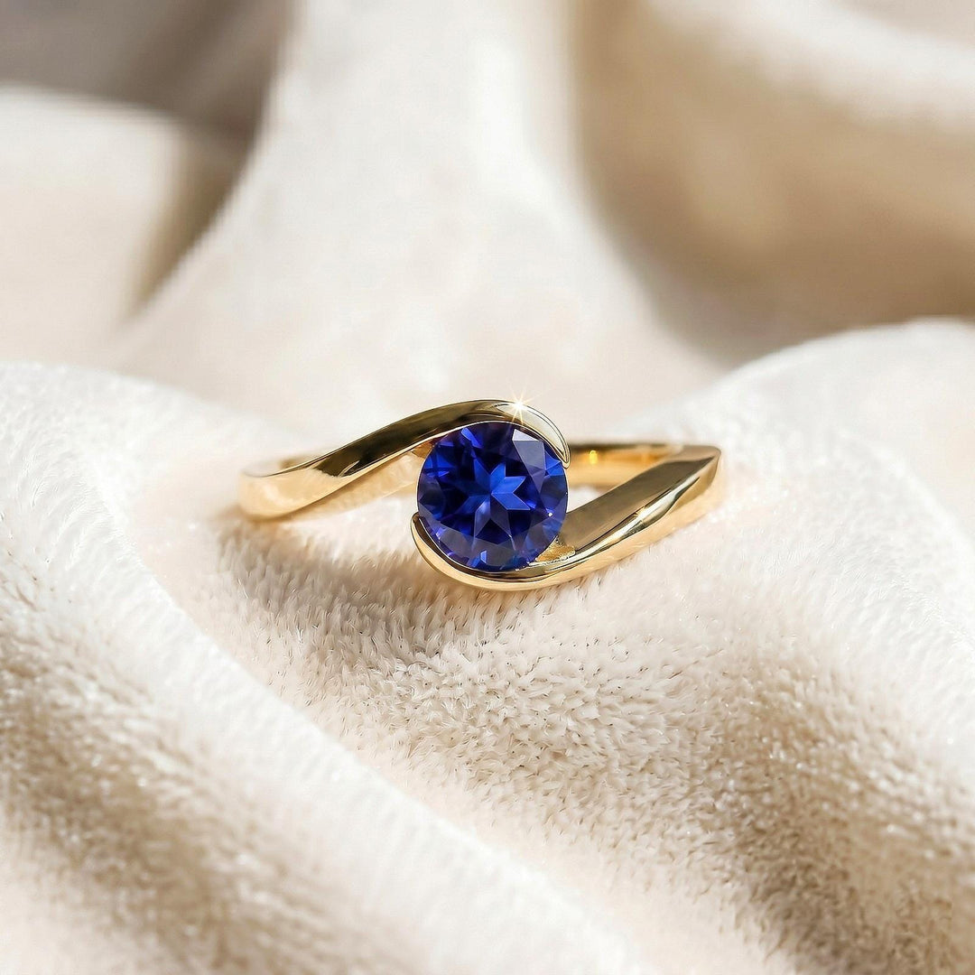 Blue Sapphire Round Engagement Ring, Modern Semi Bezel Setting , 14K Solid Yellow Gold, Sterling Silver Ring, Elegant Sapphire Ring For Gift