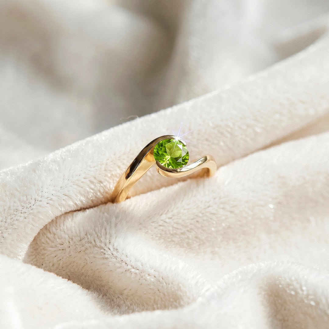 Green Amethyst Round Engagement Ring, Modern Semi Bezel Setting , 14K Solid Yellow Gold, Sterling Silver Ring, Elegant Ruby Gift for Women