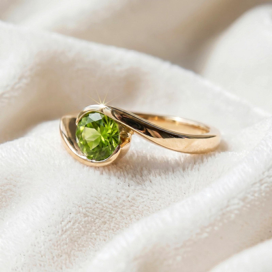 Green Amethyst Round Engagement Ring, Modern Semi Bezel Setting , 14K Solid Yellow Gold, Sterling Silver Ring, Elegant Ruby Gift for Women