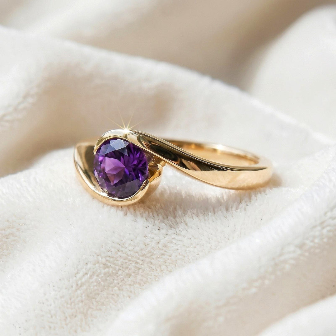 Purple Amethyst Round Wedding Ring, Solitaire 14k Gold Ring, Bezel Set Gemstone Ring, Minimalist Amethyst Ring, Women Jewelry Gift For her