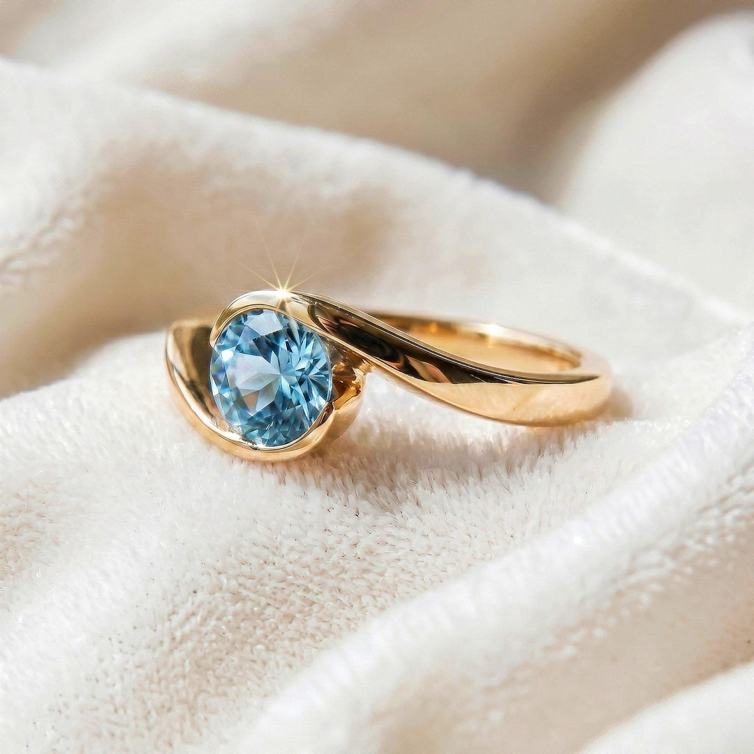 Vintage Aquamarine Round Ring, Half Bezel Setting, Blue Gemstone Ring, Minimalist Gold Ring, March Birthstone Jewelry, Dainty Solitaire Ring