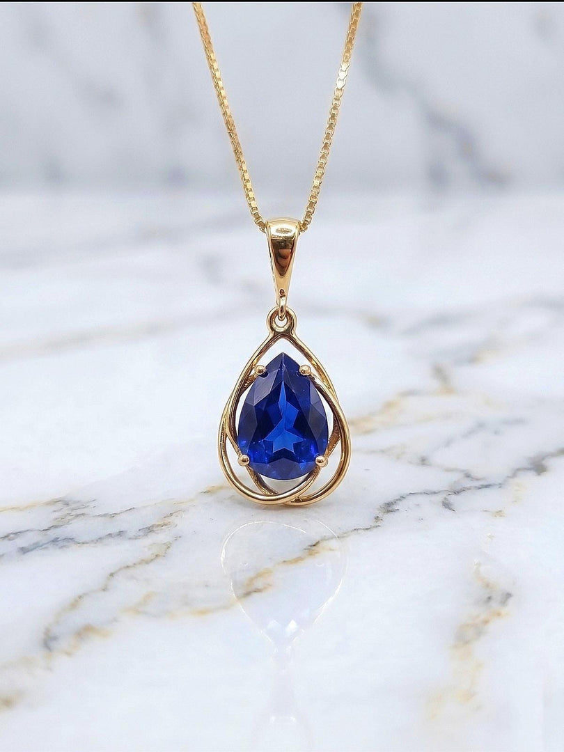 Genuine Sapphire Pear Necklace 14K Gold Vermeil, Real Lab Blue Sapphire Gemstone Jewellery, Anniversary Birthday Gifts for Her