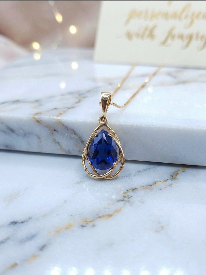 Genuine Sapphire Pear Necklace 14K Gold Vermeil, Real Lab Blue Sapphire Gemstone Jewellery, Anniversary Birthday Gifts for Her