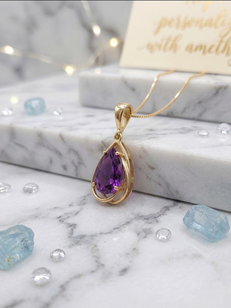 Amethyst necklace - Genuine Amethyst Pear Pendant - Flowing Silver Necklace - Minimalist, Dainty & Delicate Necklace, Gift For Her