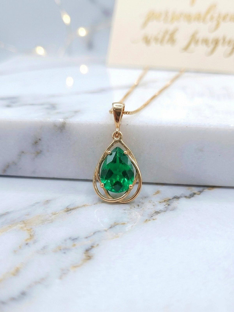 Emerald necklace - Genuine Emerald Pear Pendant - Flowing Silver Necklace - Minimalist, Dainty & Delicate Necklace, Gift For Her