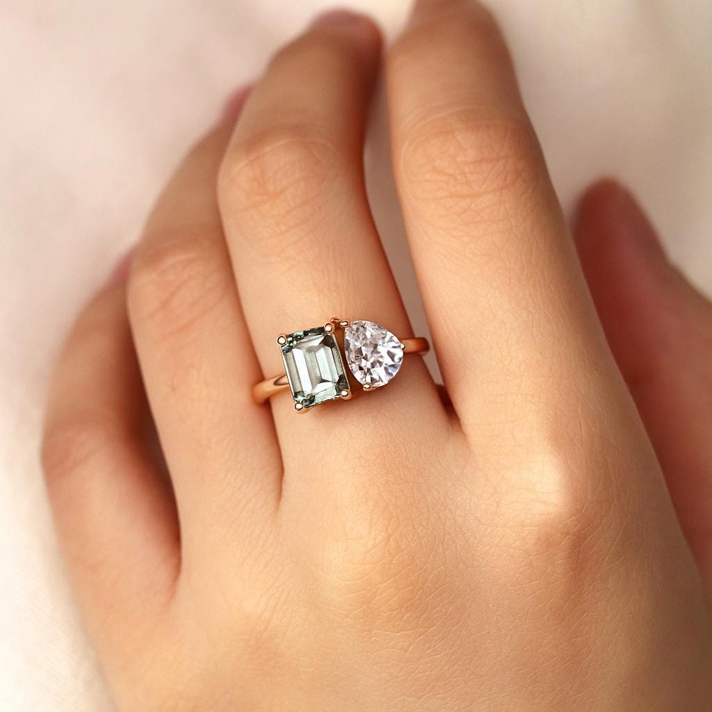 Emerald Cut Green Amethyst Ring, 14K Gold Three Stone, Natural Prasiolite Engagement Ring