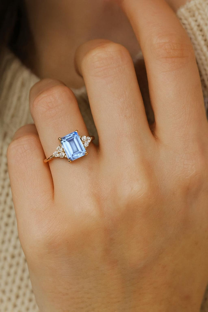 Emerald Cut Aquamarine Ring: Rose Gold Engagement Ring, Sterling Silver