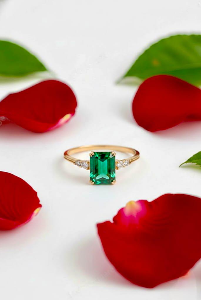 Genuine Emerald Gold Ring, 14K Gold Vermeil Emerald Engagement Ring, Statement Ring, Birthday gift for her