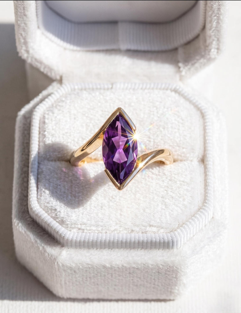 Purple Amethyst Engagement Ring, Marquise Cut, Amethyst Half Bezel Set Bypass Band Ring, Purple Gemstone, Anniversary Ring, Promise Ring