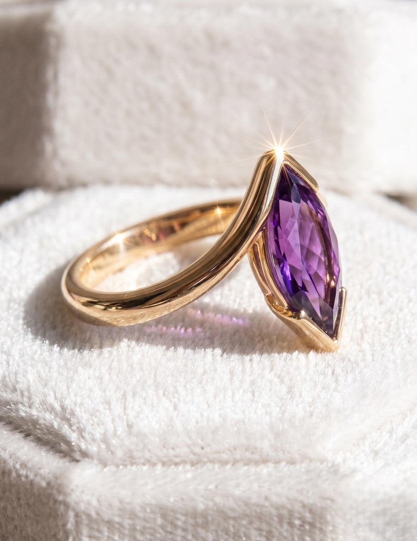 Purple Amethyst Engagement Ring, Marquise Cut, Amethyst Half Bezel Set Bypass Band Ring, Purple Gemstone, Anniversary Ring, Promise Ring